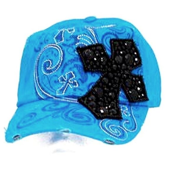 Women Blue Inspirational Cross Rhinestone Crystal Cap Hat Stud Decorative Cotton - Picture 1 of 14